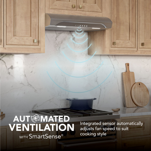 stainless steel under cabinet range hood with motion sensor and automated fan speed control for kitchen ventilation