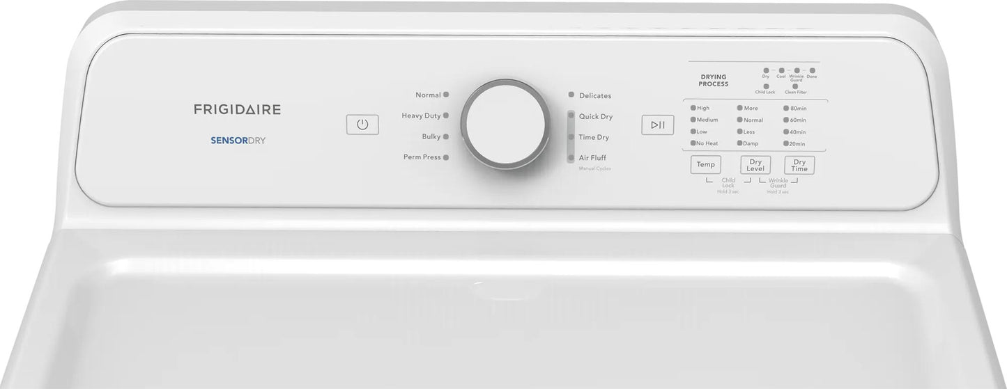 white gas dryer top control panel with cycle selector knob and multiple drying options for home appliances collection