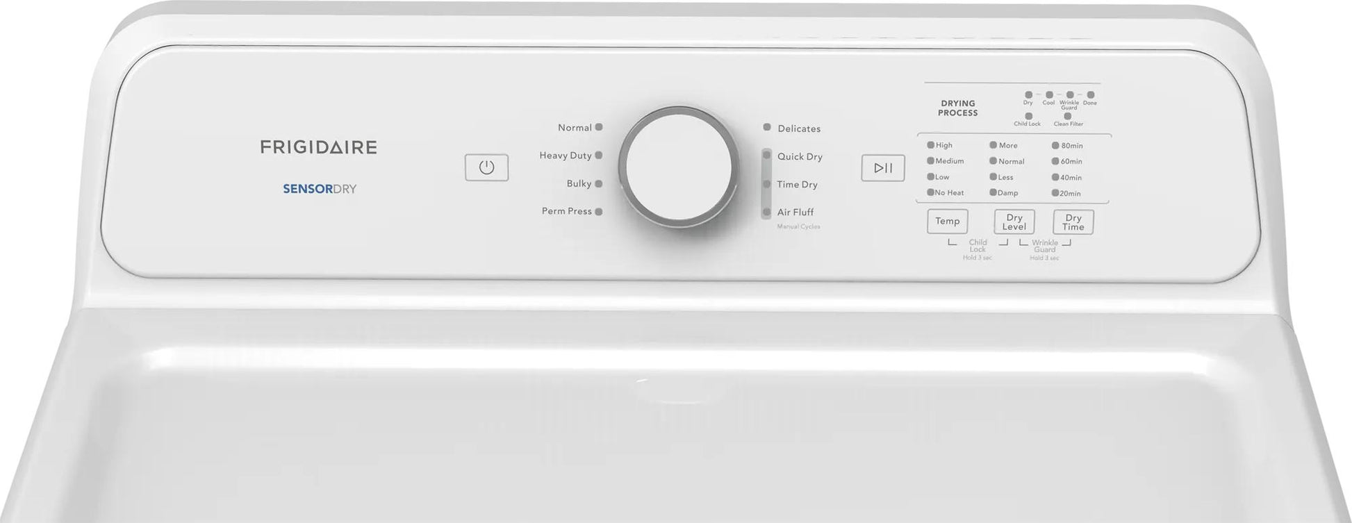 white gas dryer top control panel with cycle selector knob and multiple drying options for home appliances collection