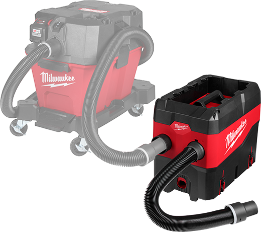 Red and black Milwaukee compact PACKOUT™ debris separator with attached hoses and caster wheels for tools and home improvement use