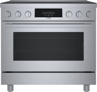 stainless steel induction freestanding range with ergonomic tilted digital display and metal control knobs in kitchen appliances