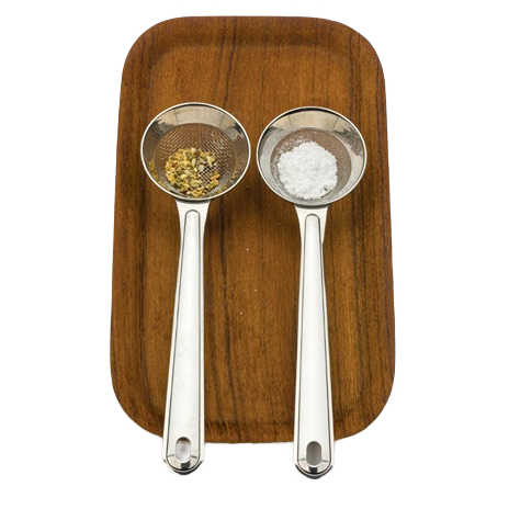 Two stainless steel mini sifters with fine and coarse mesh on rectangular wooden tray for kitchen gadgets under $50 collection