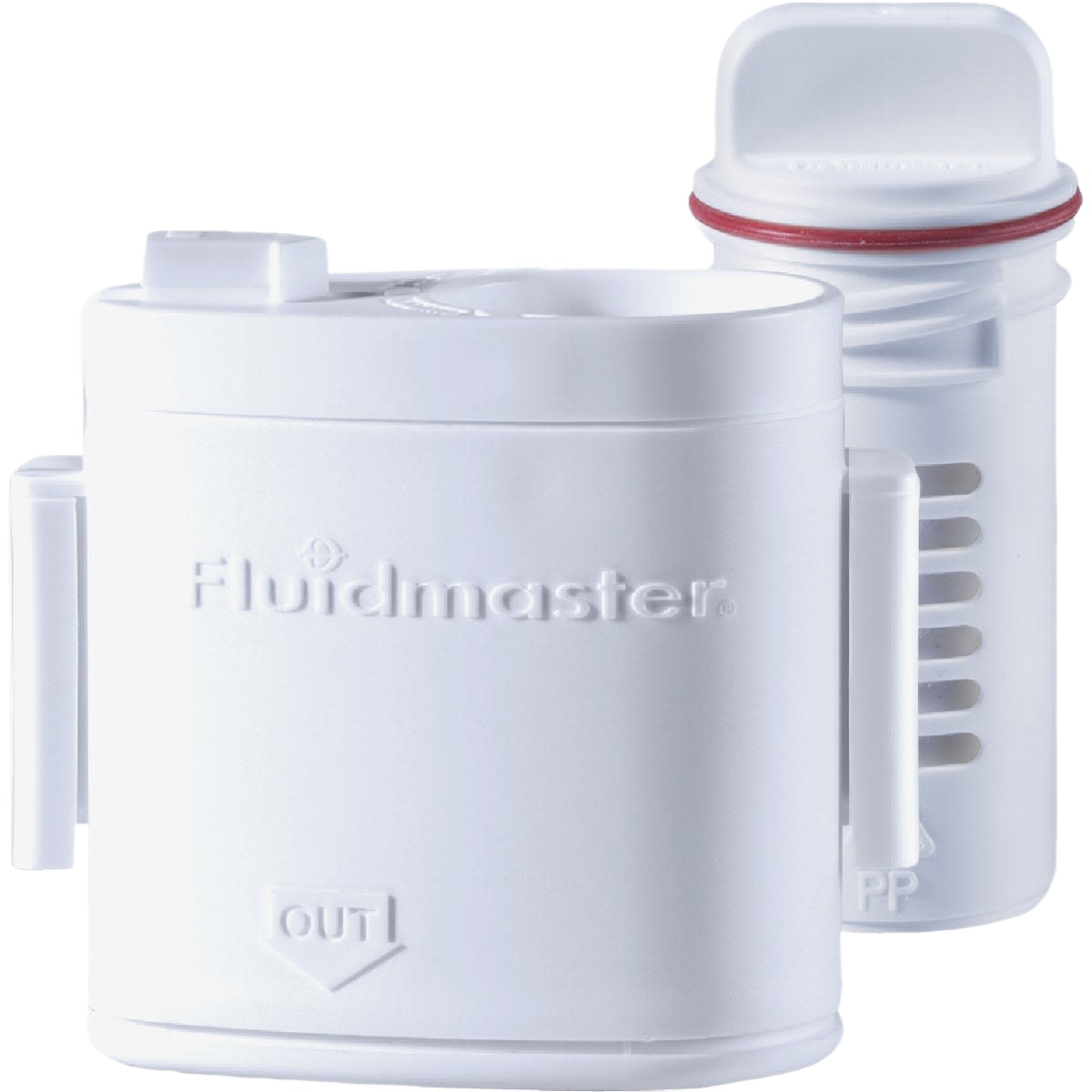 White Fluidmaster automatic toilet bowl cleaner with bleach cartridge designed for easy home maintenance.