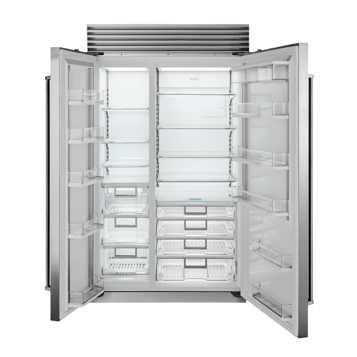 Open stainless steel side-by-side refrigerator and freezer with adjustable shelves and clear storage bins in kitchen appliance collection