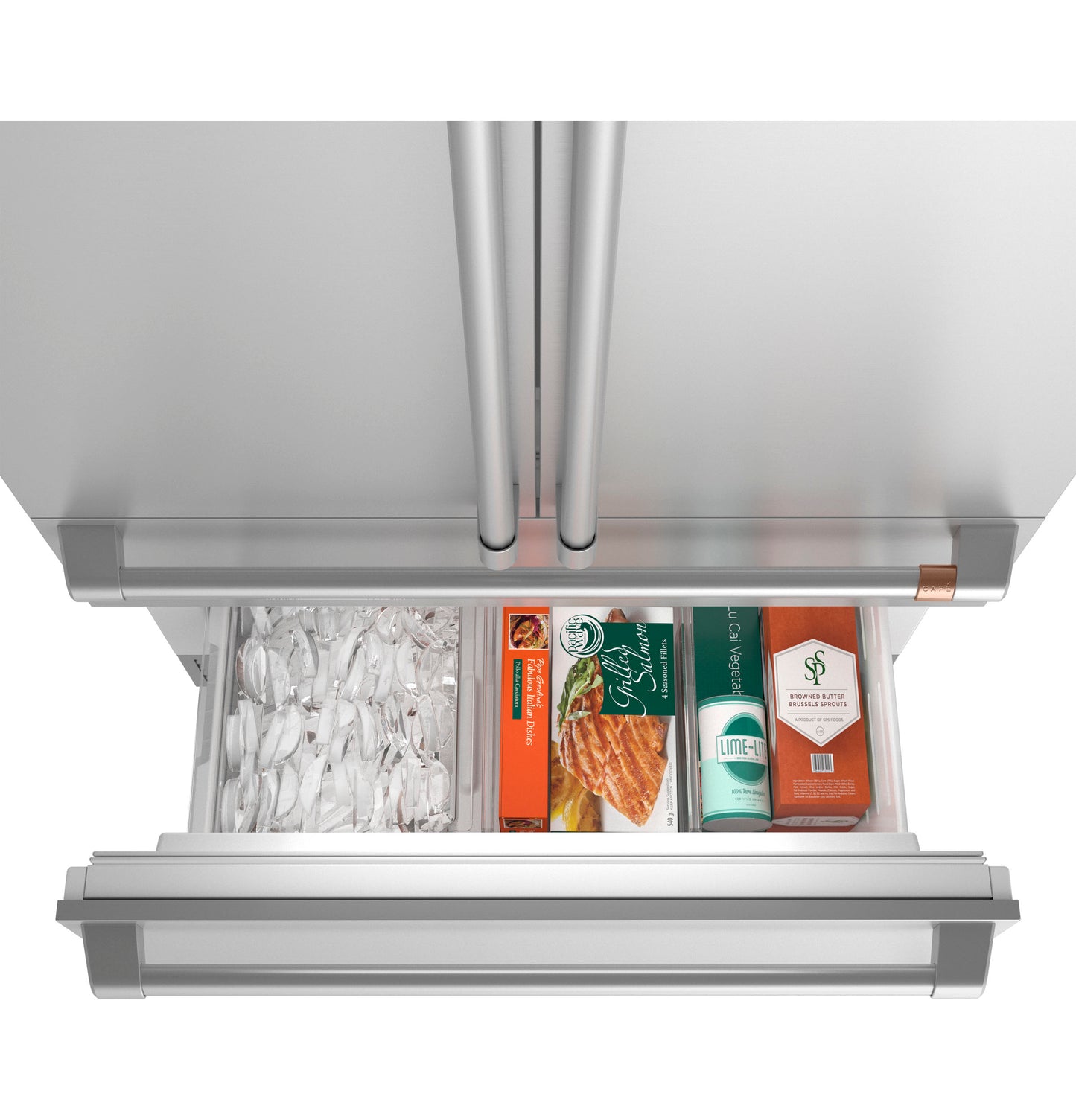 Open bottom freezer drawer of stainless steel French door refrigerator showing organized frozen food and ice trays in appliance collection