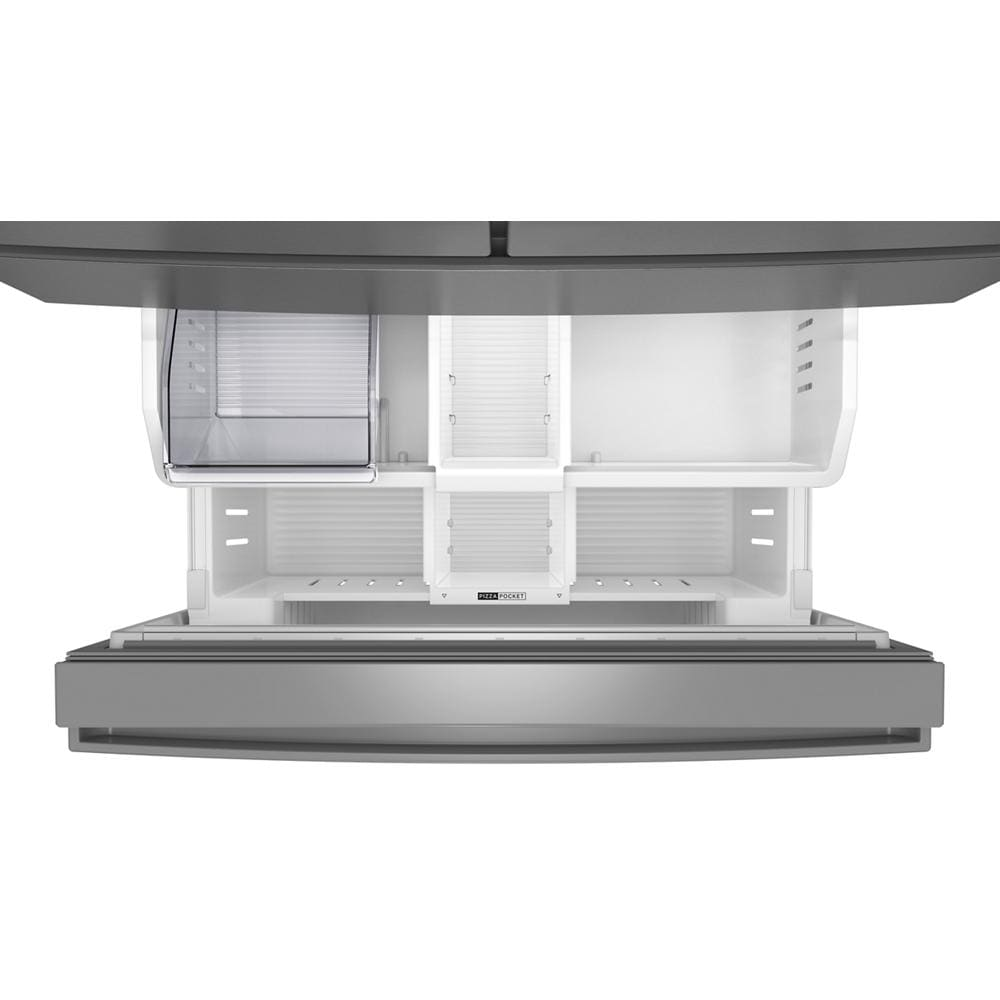 Top view inside flexible temperature drawer with adjustable clear bins in stainless steel bottom freezer refrigerator