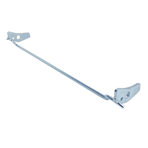 Metal rear draft latch rod with mounting brackets designed for agricultural equipment repair and maintenance tasks