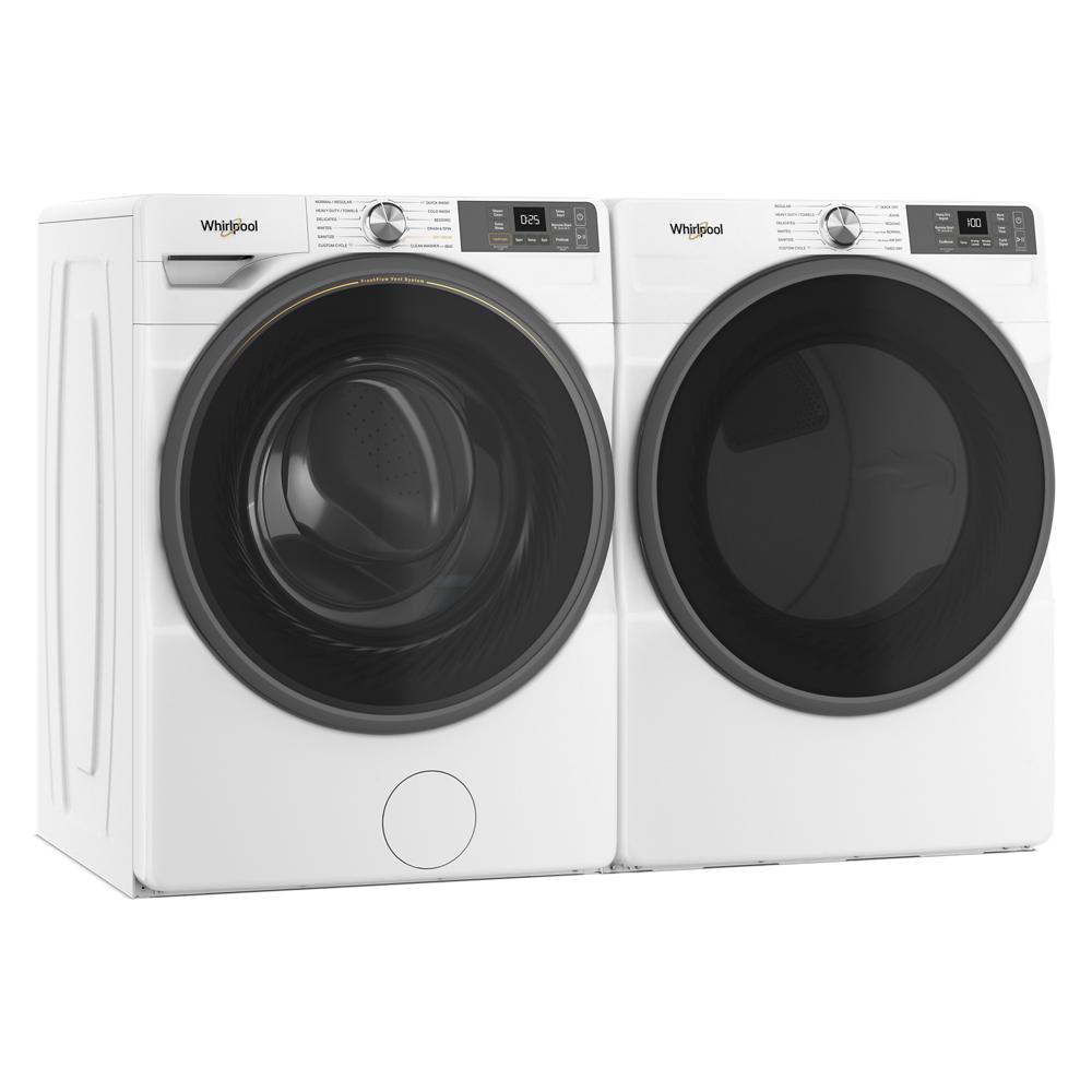 Pair of white front load washers and dryers with digital controls, designed for modern laundry and home improvement.