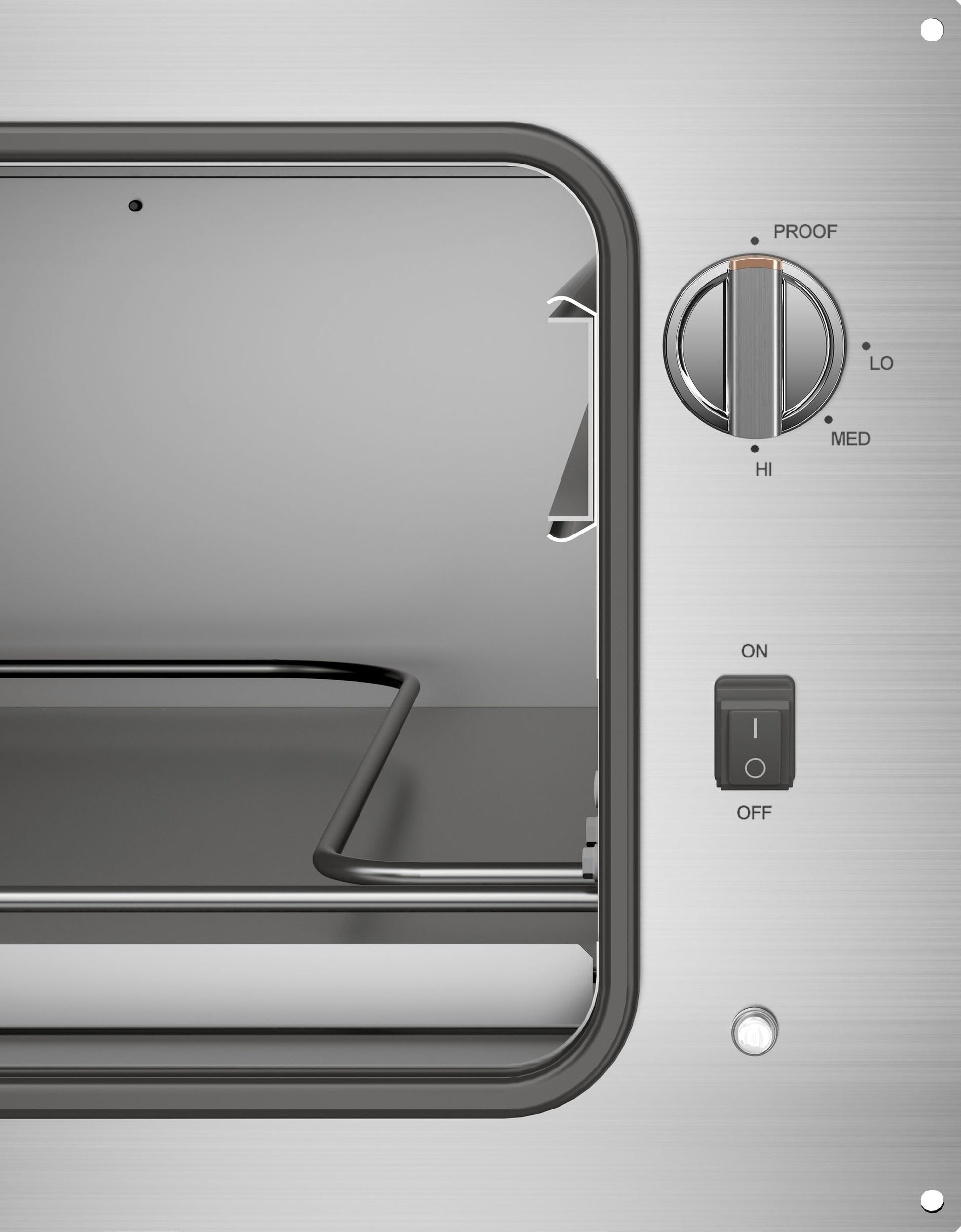 Stainless steel warming drawer interior with adjustable temperature knob and on/off switch from kitchen appliances collection