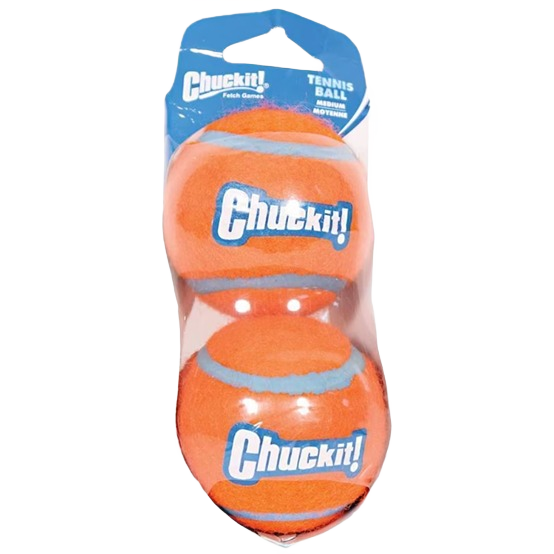 Two bright orange tennis balls for dogs with blue packaging from dog toys and supplies collection