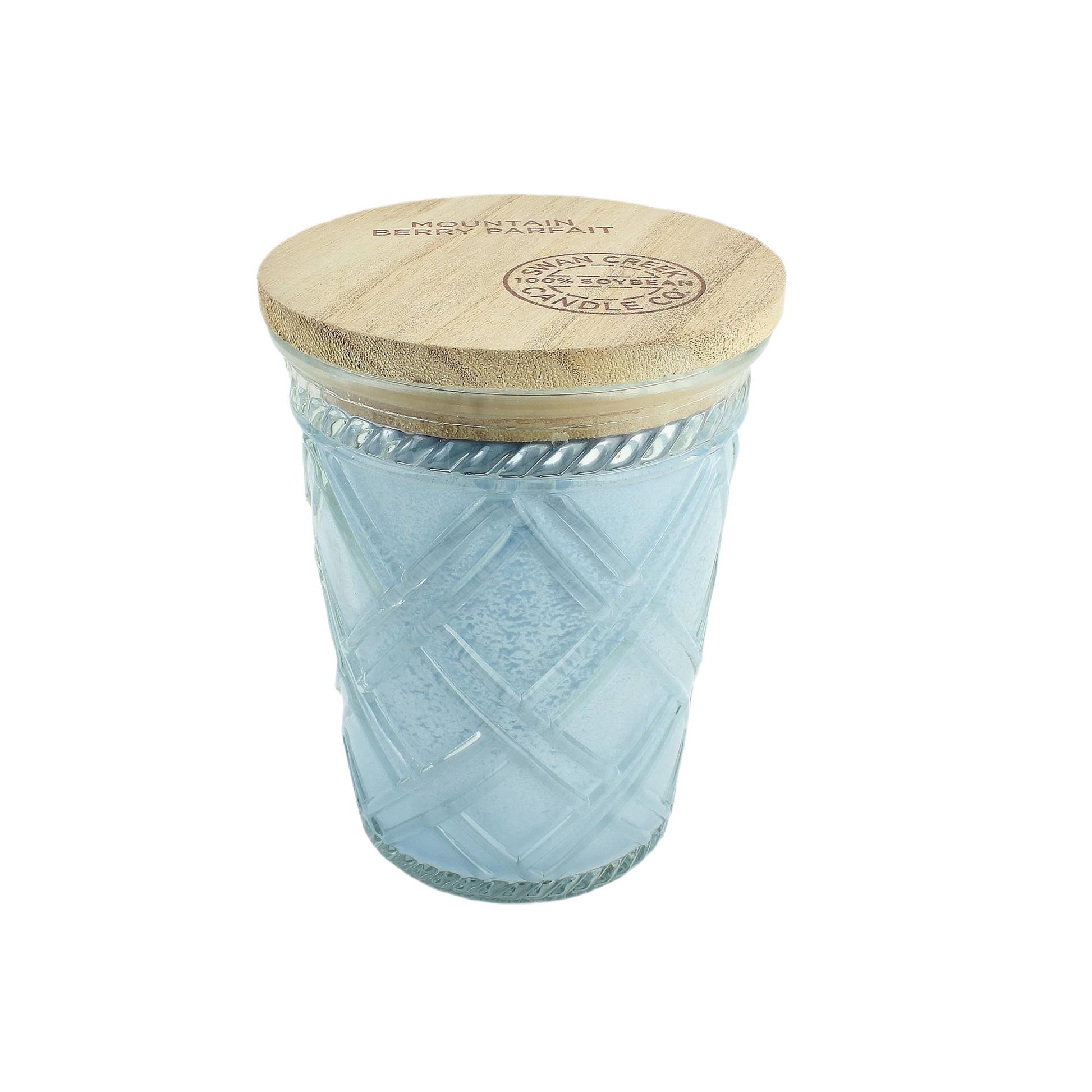 Frosted glass jar candle with diamond pattern and natural wood lid for home ambiance and decor