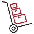 Illustration of a hand truck tilted back with three stacked red cardboard boxes of varying sizes ready for transport.