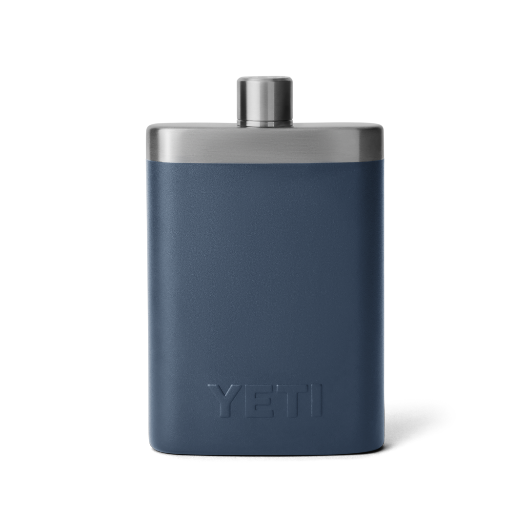 Matte blue flask with stainless steel top and embossed logo, part of Drinkware and Kitchen & Kitchenware collections under $100