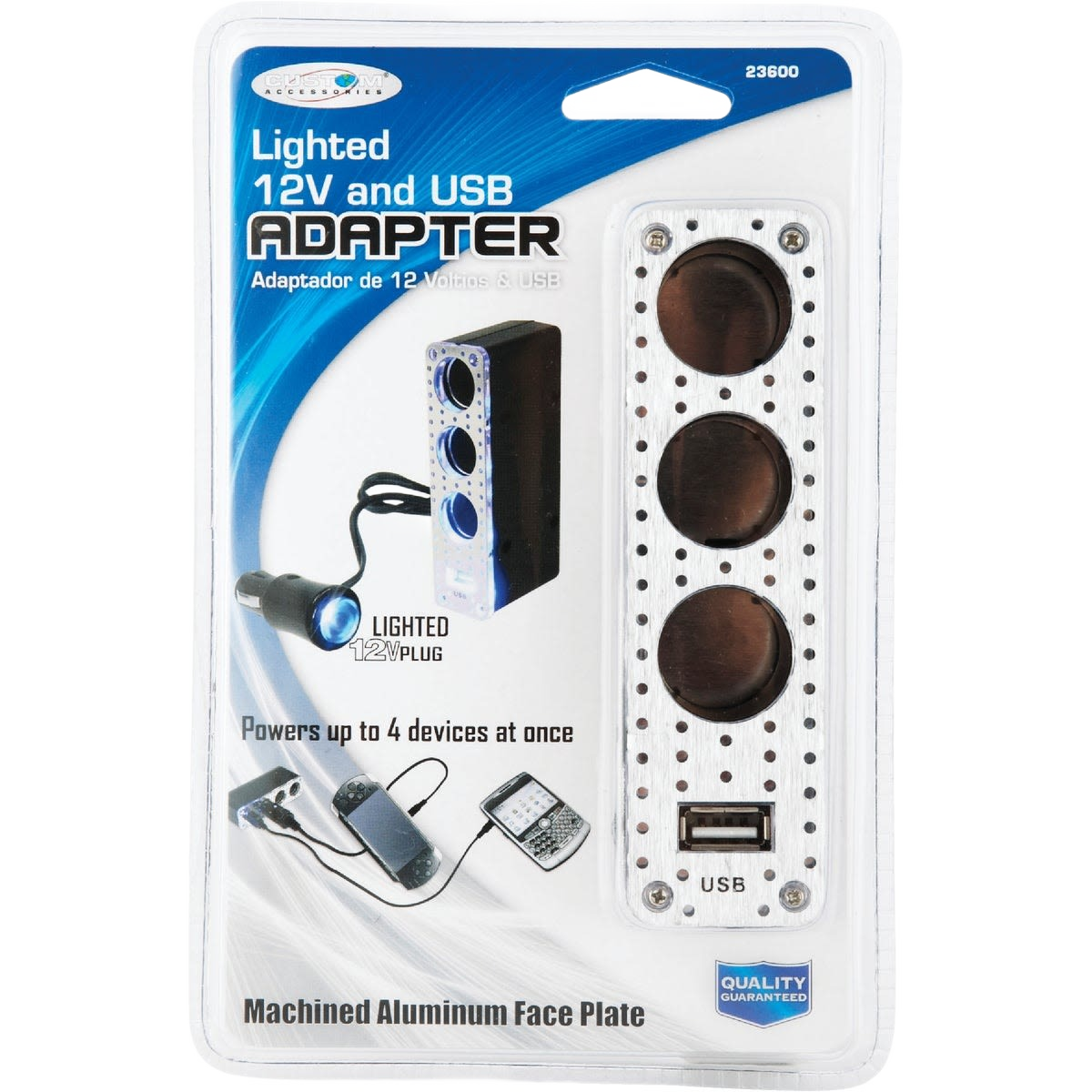 Lighted 12V adapter with three sockets and USB port, machined aluminum face plate for automotive use under $50