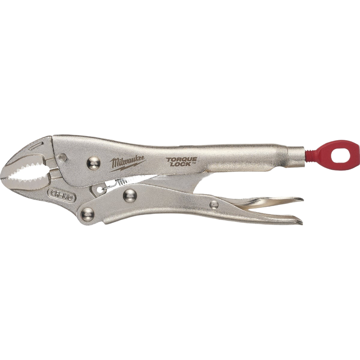 Curved jaw locking pliers with torque lock feature and red loop handle for secure gripping in home improvement tasks