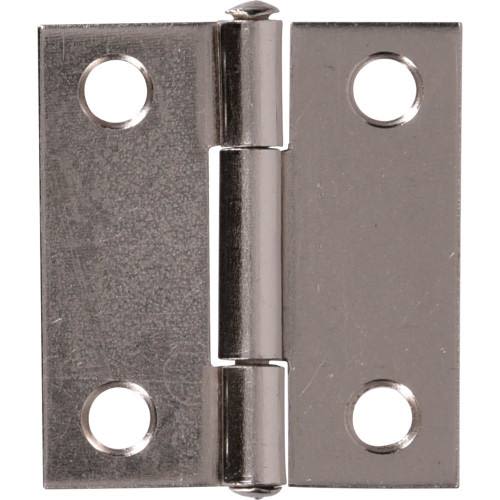 Satin nickel finish broad hinge with four mounting holes for cabinet and furniture hardware in home improvement projects
