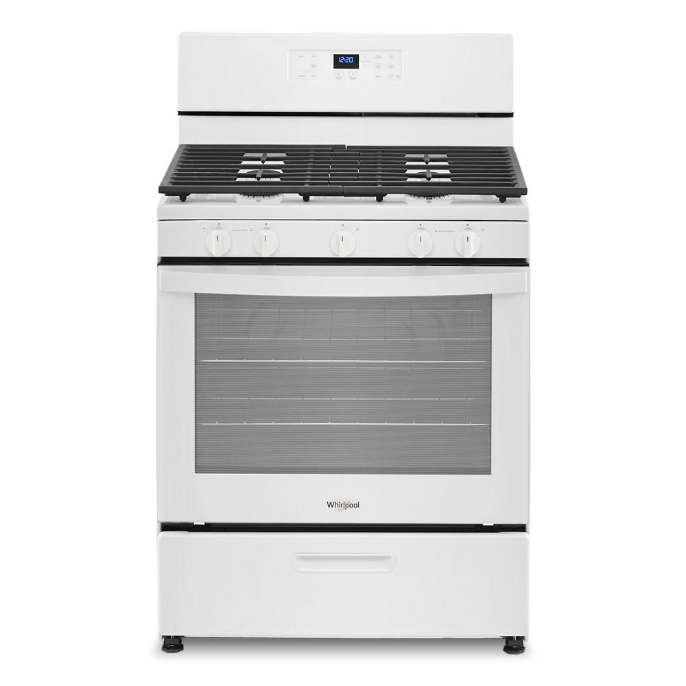 White freestanding gas range with edge to edge cooktop, cast-iron grates, and digital control panel from Hartville Hardware