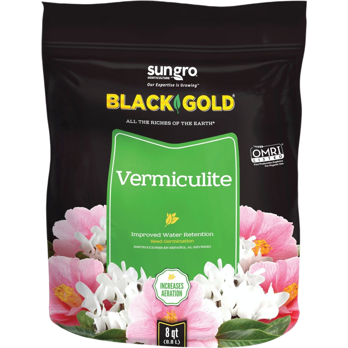 Black Gold vermiculite bag with floral pattern for gardening and soil amendment in landscaping and mulch collections