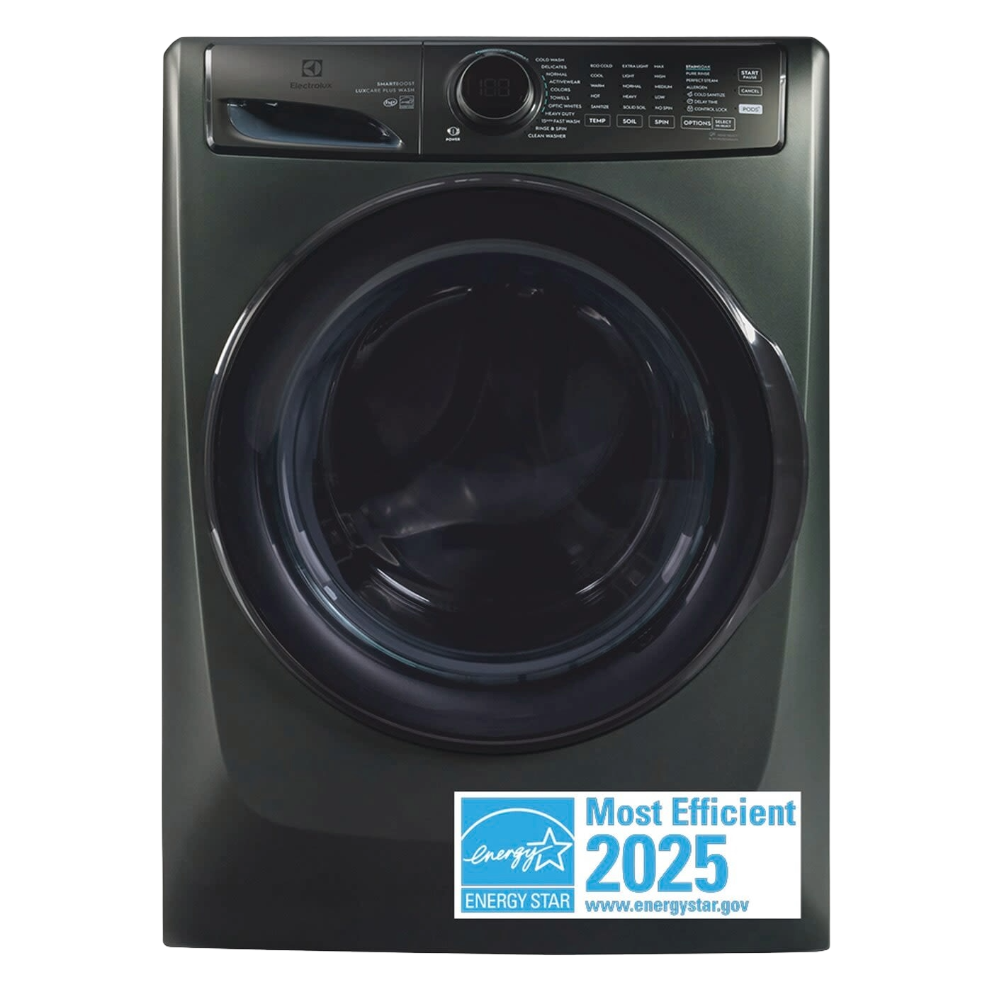 Dark gray front load washer with digital display and large door, part of front load washers and appliances collection