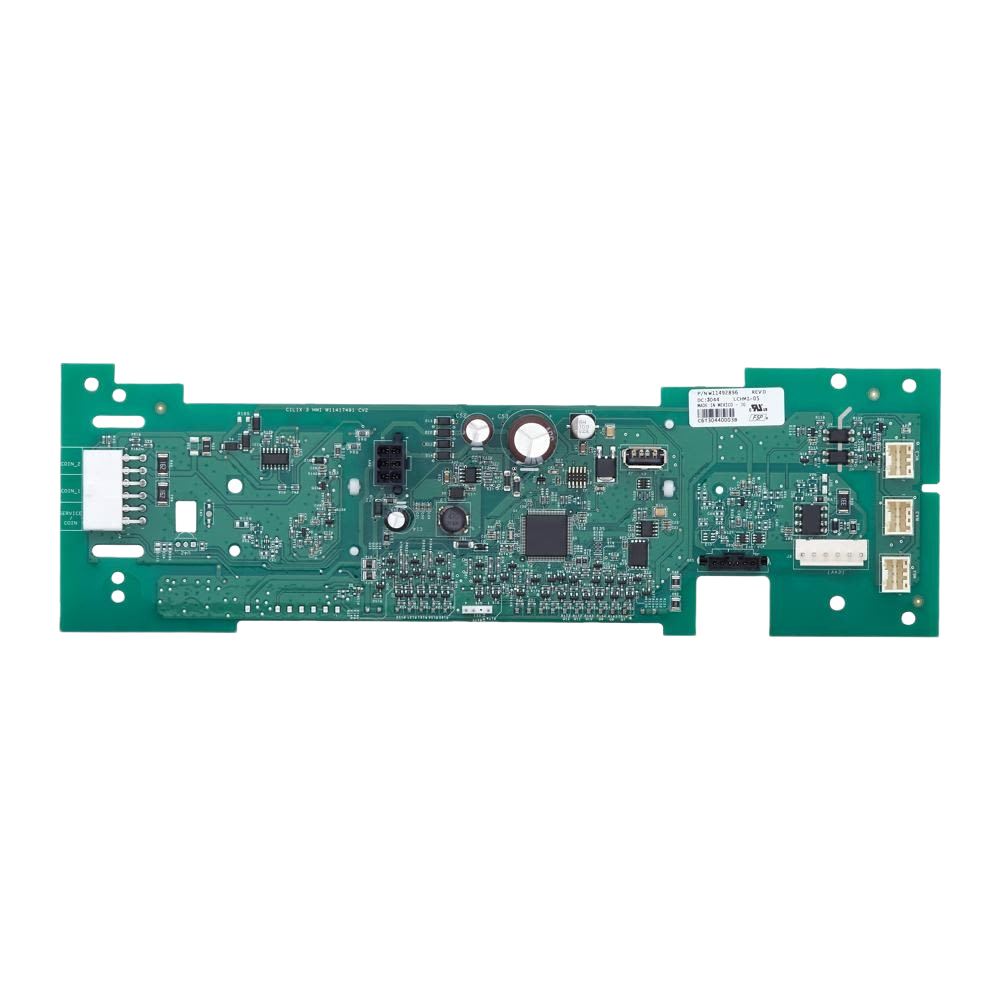 Green electronic circuit board with various capacitors and connectors in home appliances parts collection