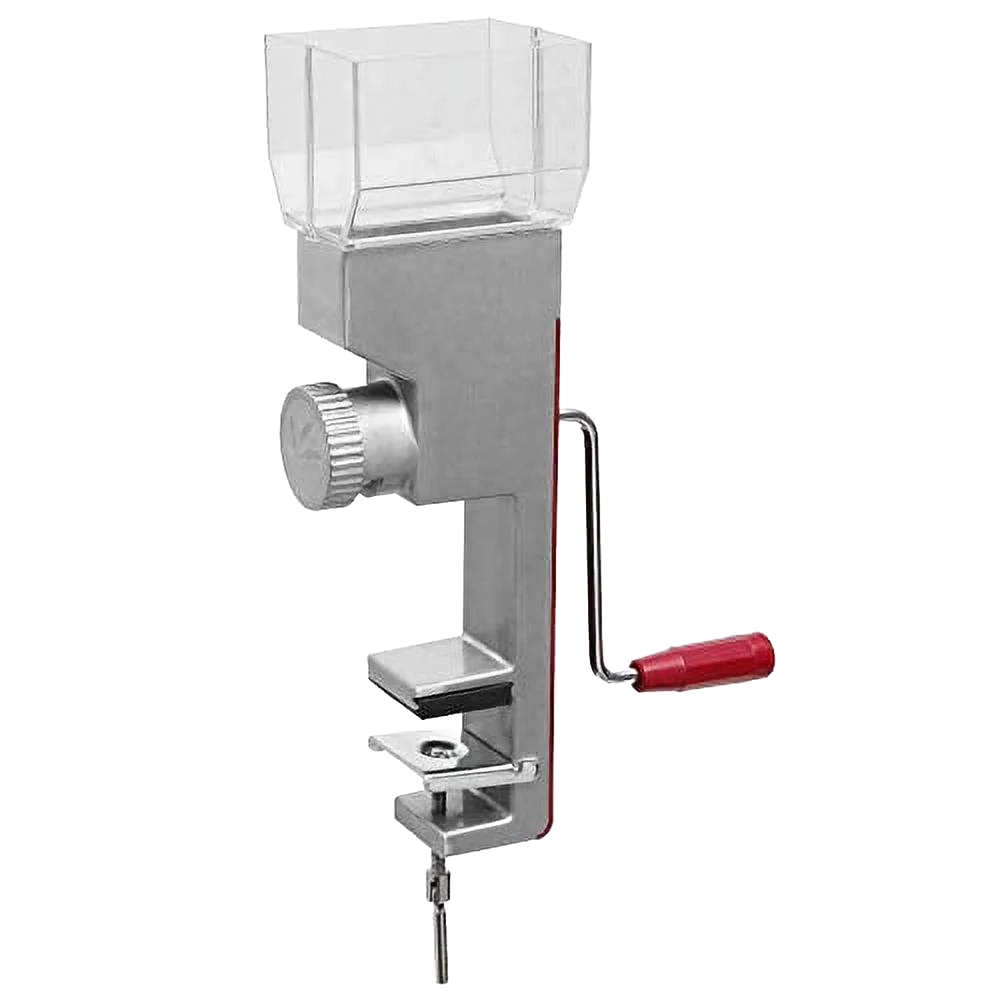 Compact grain mill with metal body and red handle, ideal for small kitchen appliances and kitchen gadget collections.