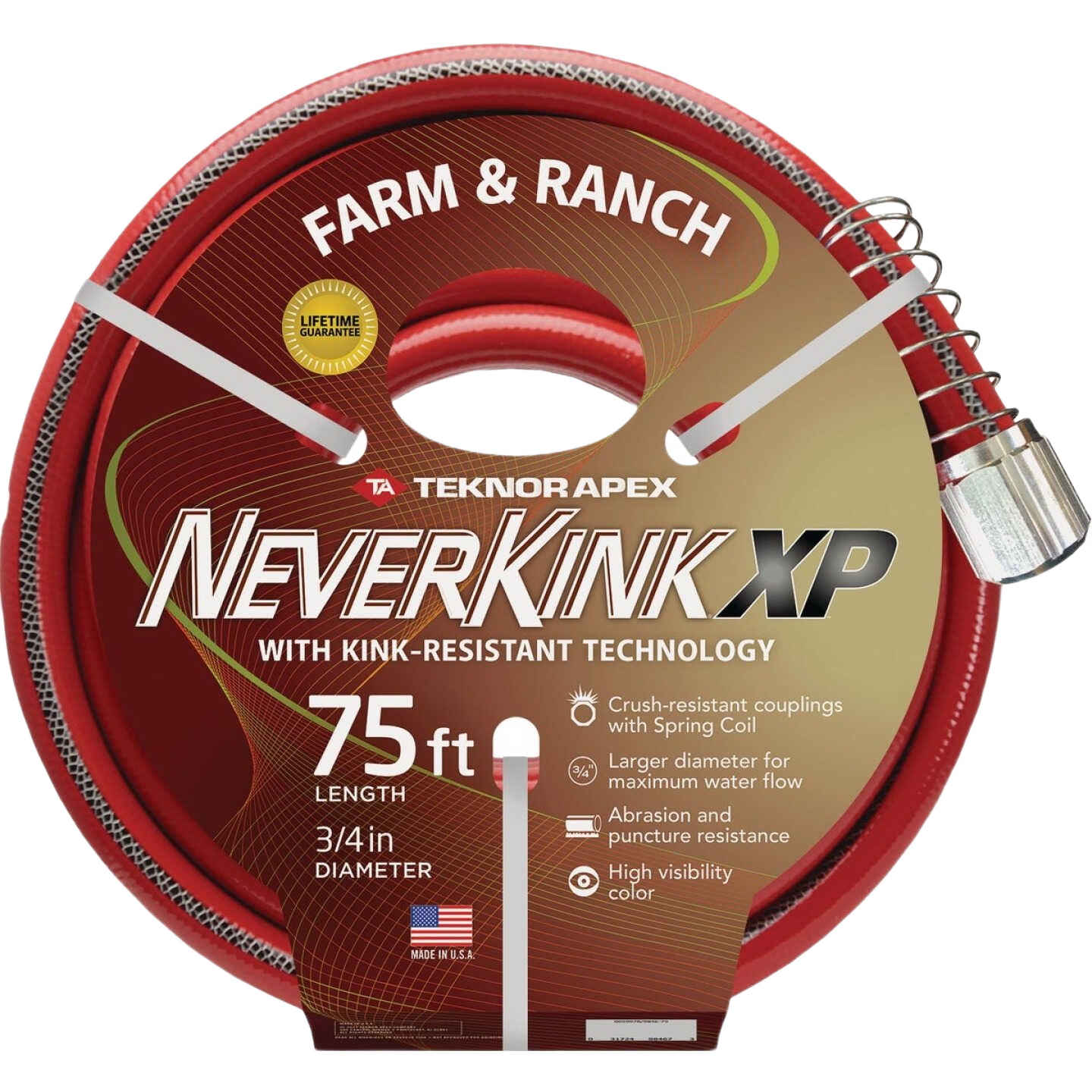 Red 75 ft garden hose with crush-resistant aluminum couplings for watering and irrigation in lawn and garden tools