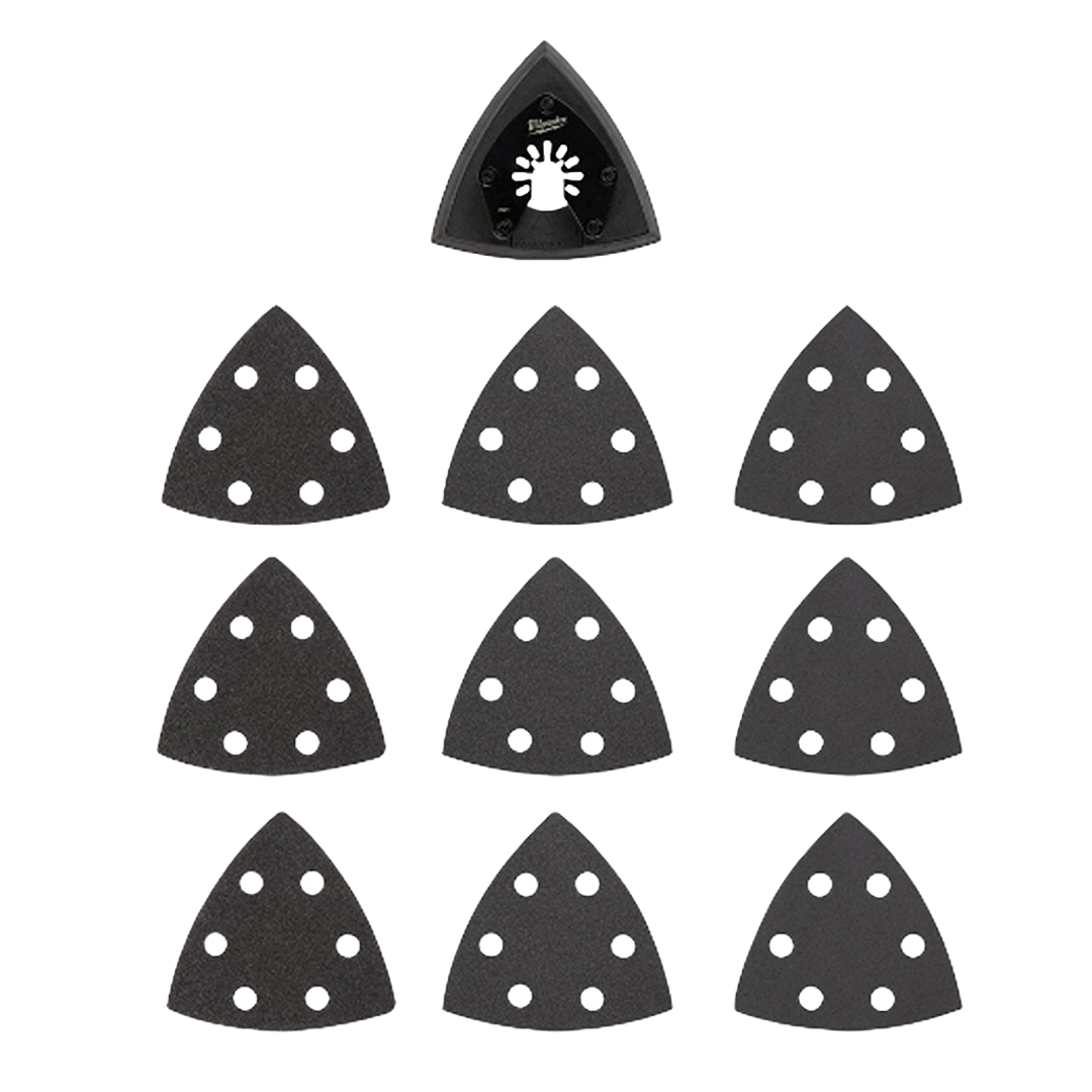 Set of triangular black sanding pads with mounting holes designed for detailed sanding in home improvement projects