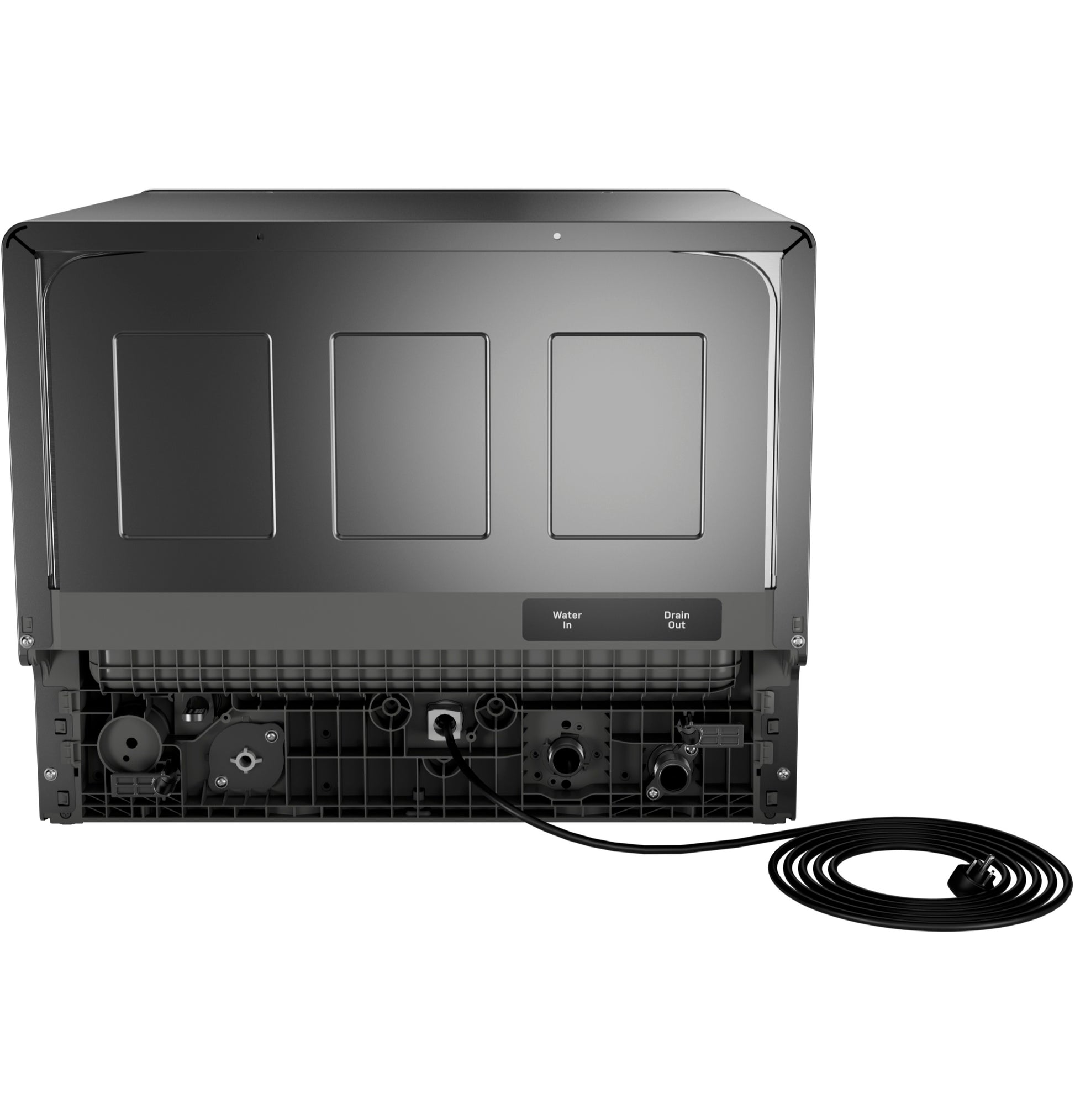 Rear view of black compact dishwasher showing water inlet, drain outlet connections, and power cord for kitchen appliance use