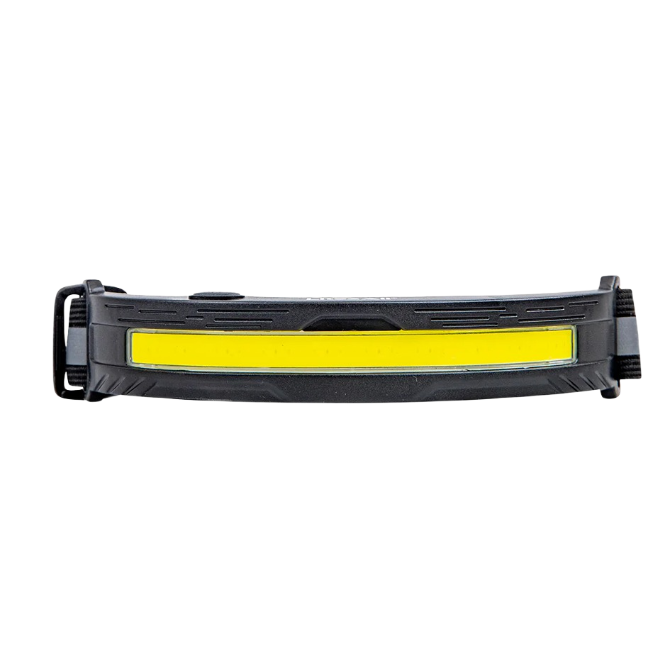 Black rechargeable headlamp featuring a bright yellow LED strip for hands-free lighting in tools and home improvement tasks