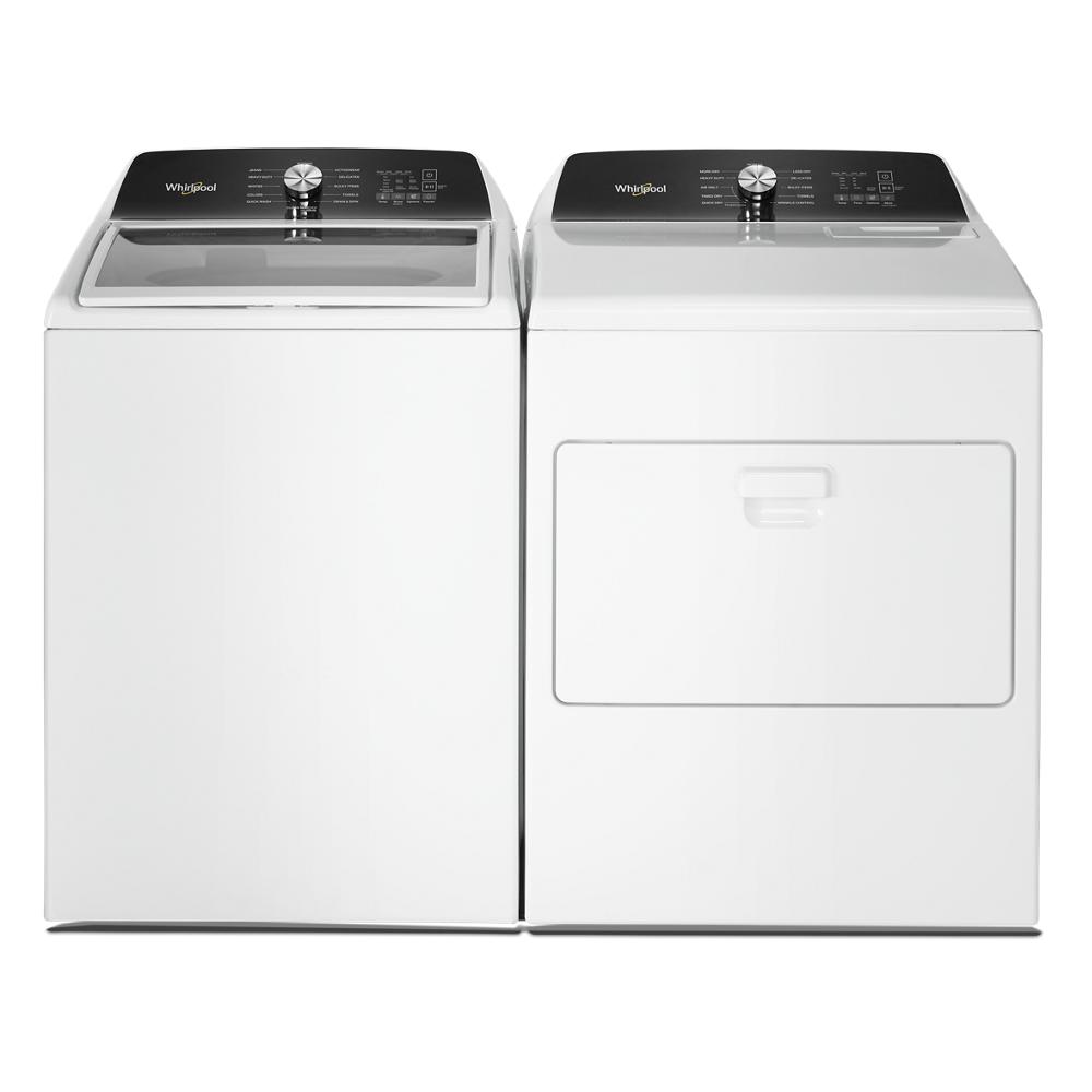 White top load washer with digital controls and matching front load dryer in modern laundry appliance set