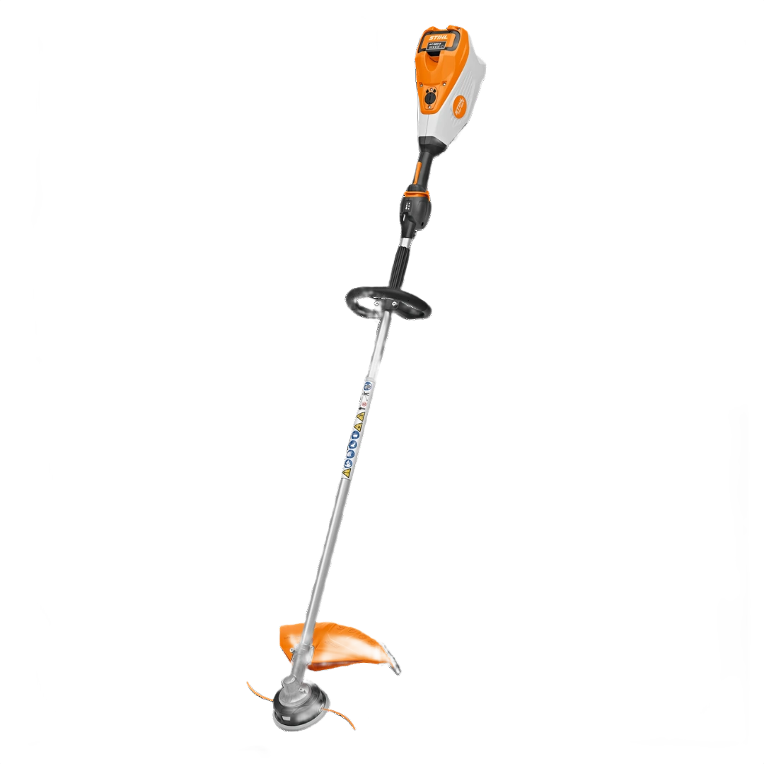 Orange and white battery-powered trimmer with adjustable handle and metal shaft for outdoor lawn care tasks