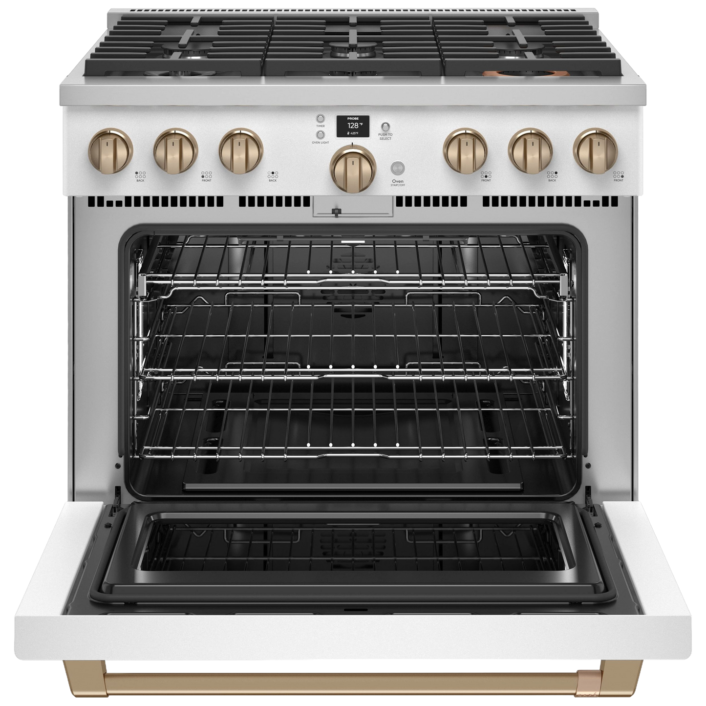 Open stainless steel commercial-style gas range oven with six burner controls and oven racks inside for kitchen use