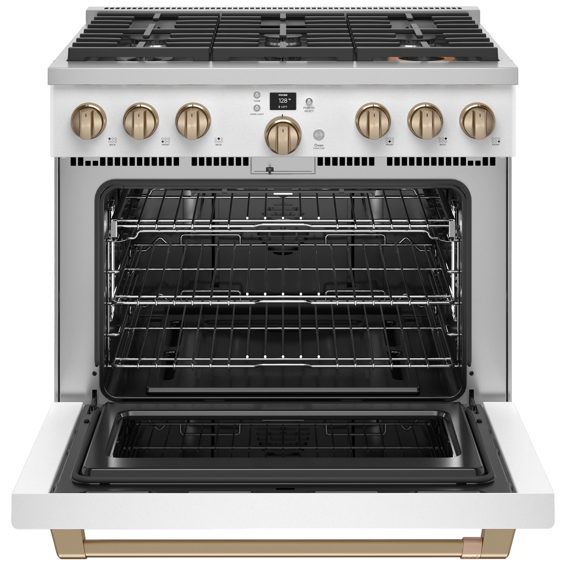 Open stainless steel commercial-style gas range oven with six burner controls and oven racks inside for kitchen use