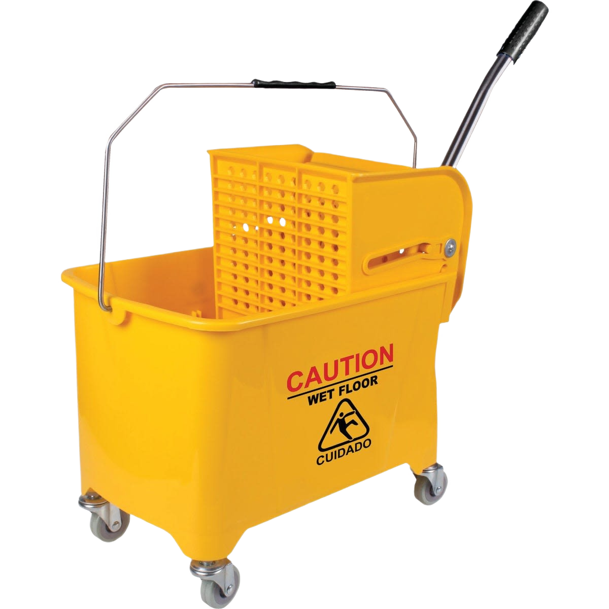 Yellow commercial mop bucket with wringer, caution wet floor label, and four caster wheels for easy movement