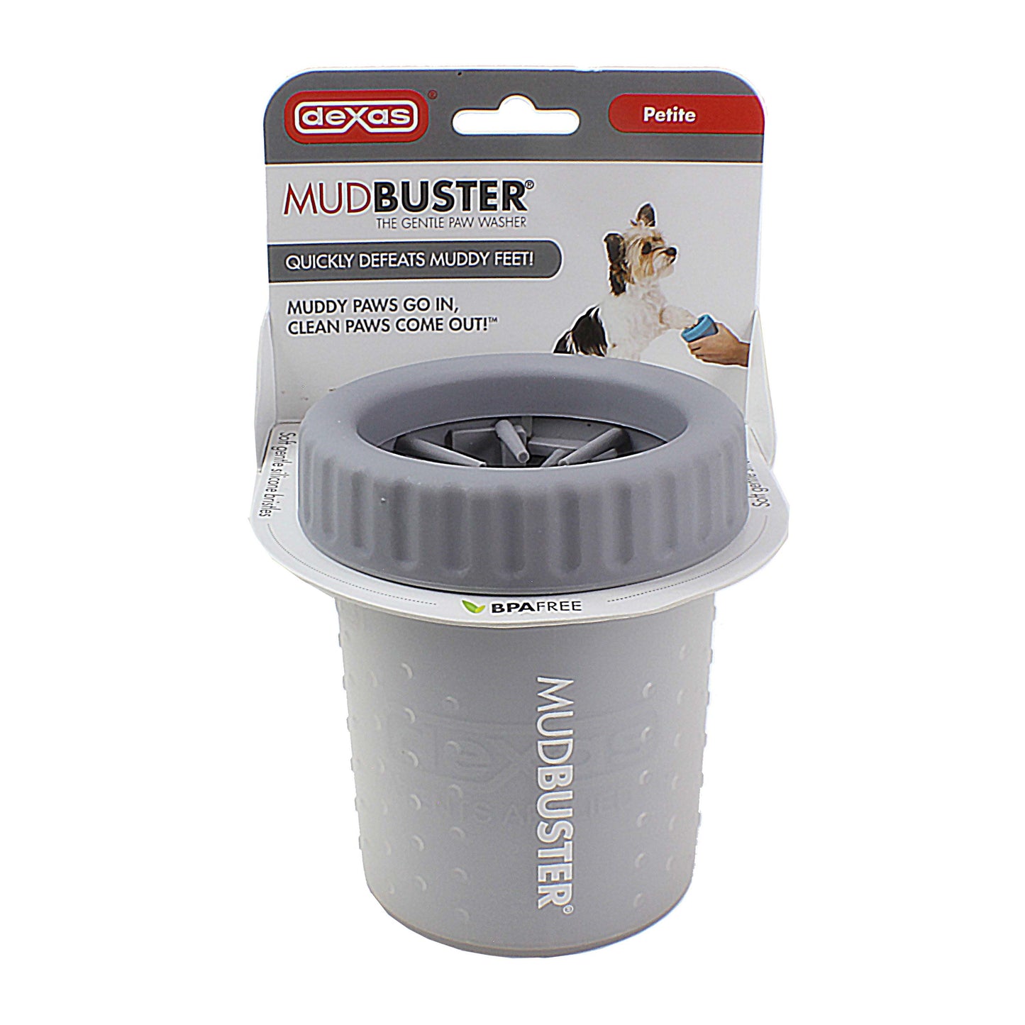 Small gray pet paw washer with soft bristles designed to clean muddy paws quickly and gently
