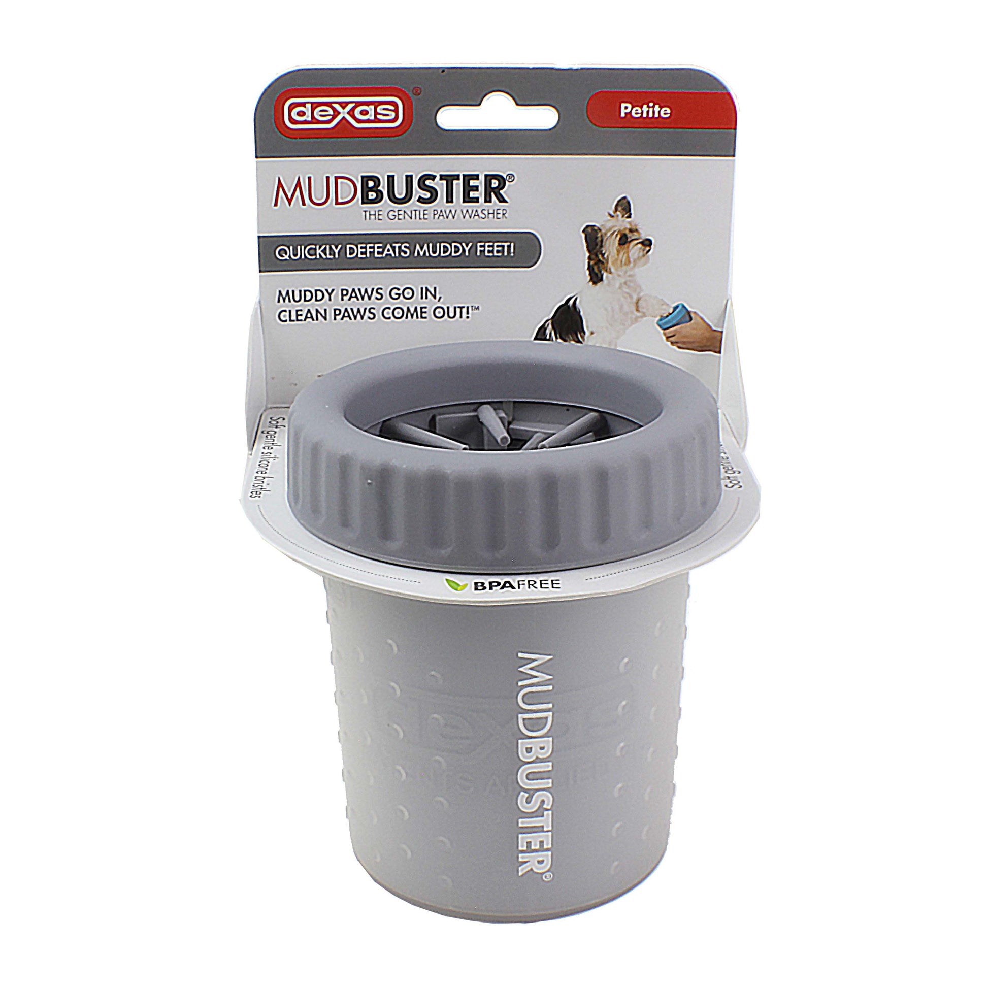Small gray pet paw washer with soft bristles designed to clean muddy paws quickly and gently