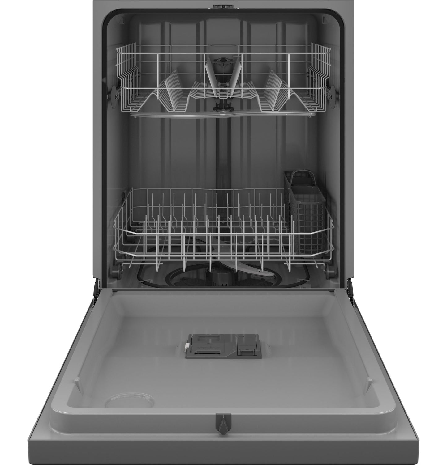 Open stainless steel dishwasher with two racks and utensil basket from kitchen appliances and dishwashers collection