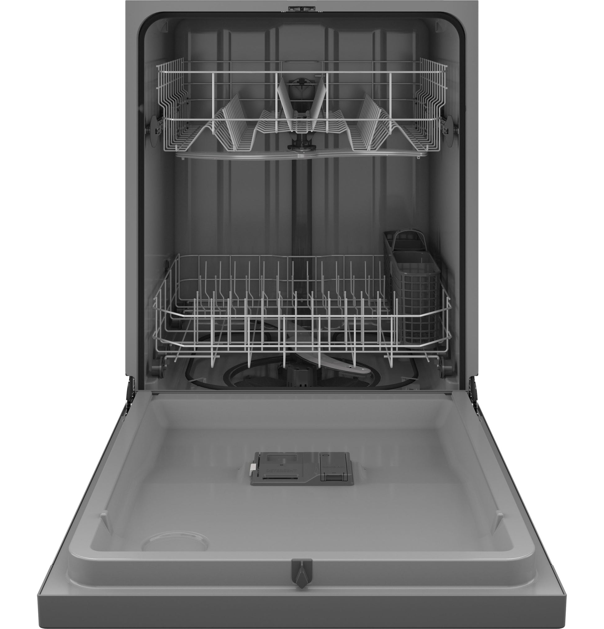 Open stainless steel dishwasher with two racks and utensil basket from kitchen appliances and dishwashers collection