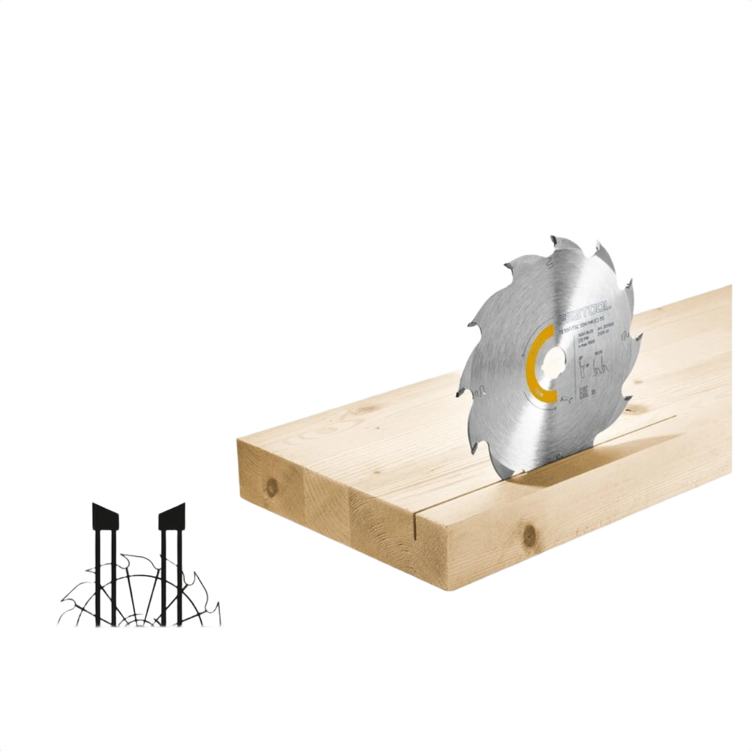 Carbide-tipped saw blade with 12 teeth cutting through thick wood plank for woodworking tool accessories