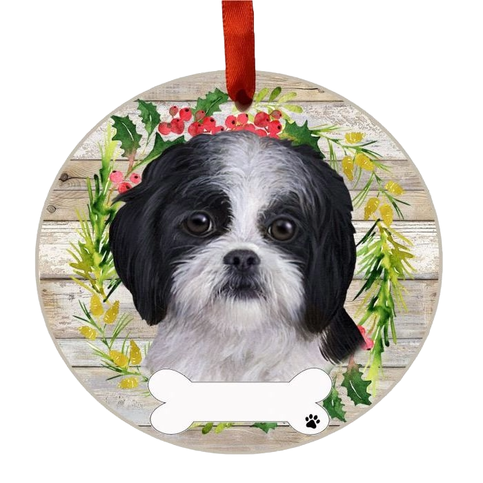 Round Christmas ornament featuring a black and white Shih Tzu face with decorative holiday wreath background