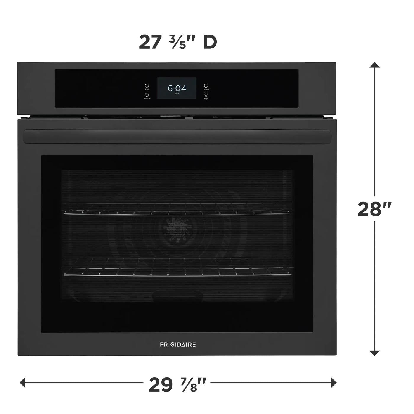 Front view of black electric single wall oven with digital display and fan convection in kitchen appliance collection