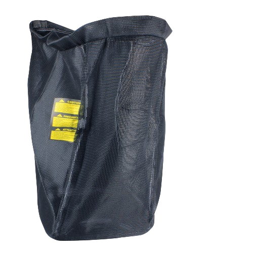 Black loose-knit grass bag designed for efficient lawn care in John Deere parts and accessories collection
