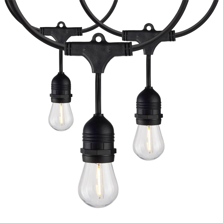 Set of black outdoor string lights with clear vintage-style LED bulbs for outdoor living and lighting decor under $100 collections