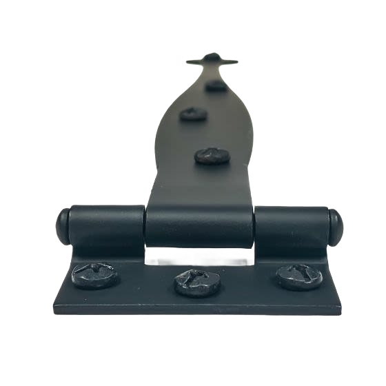Pair of smooth black metal spear-style cabinet strap hinges with 3/8 inch offset for tools and home improvement projects