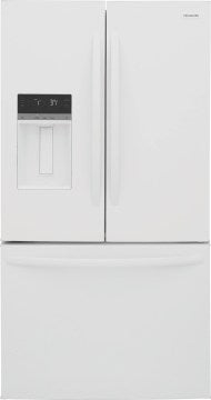 White standard-depth French door refrigerator with built-in water dispenser and digital control panel from kitchen appliances collection