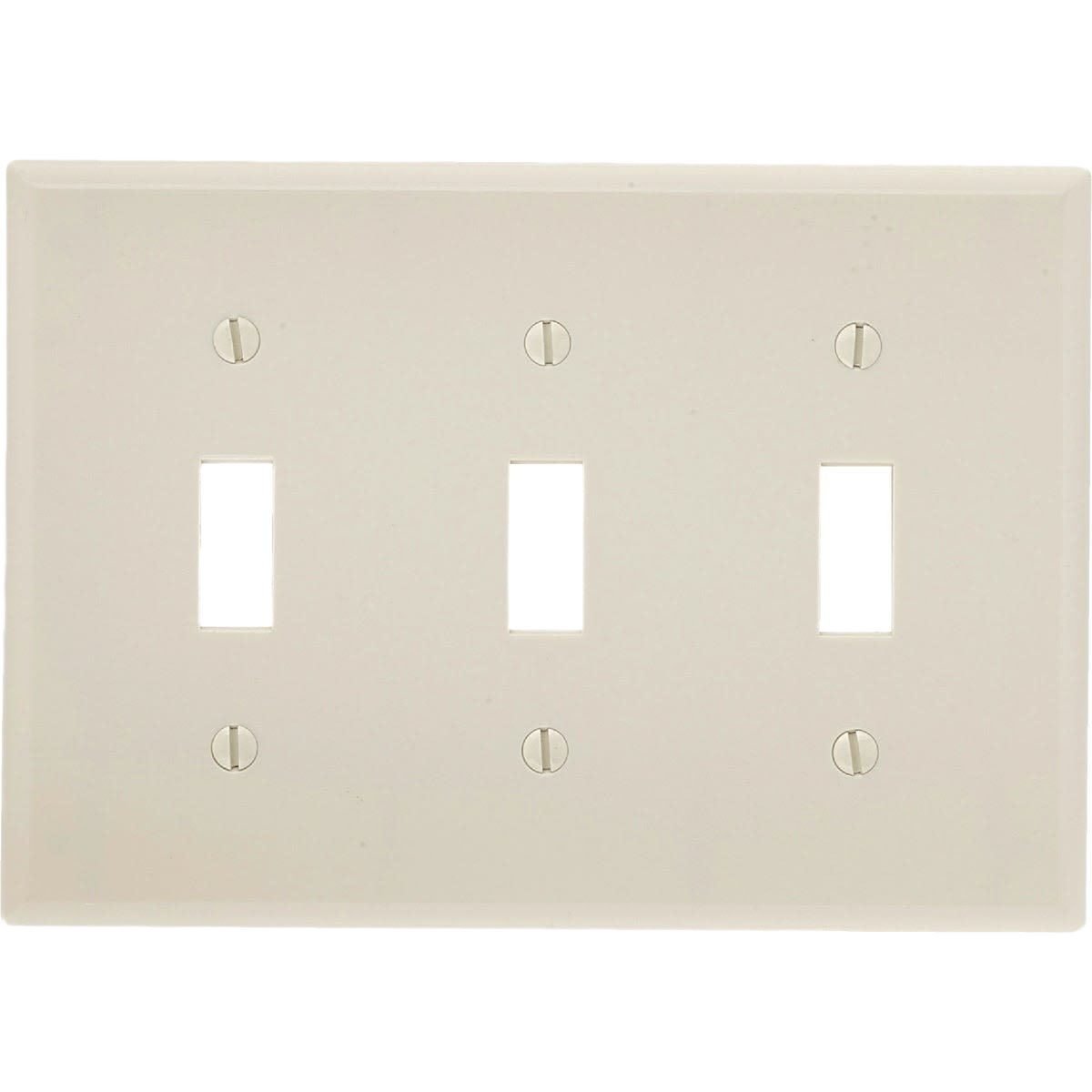 Almond-colored plastic wall plate with three toggle switch openings for home improvement installations