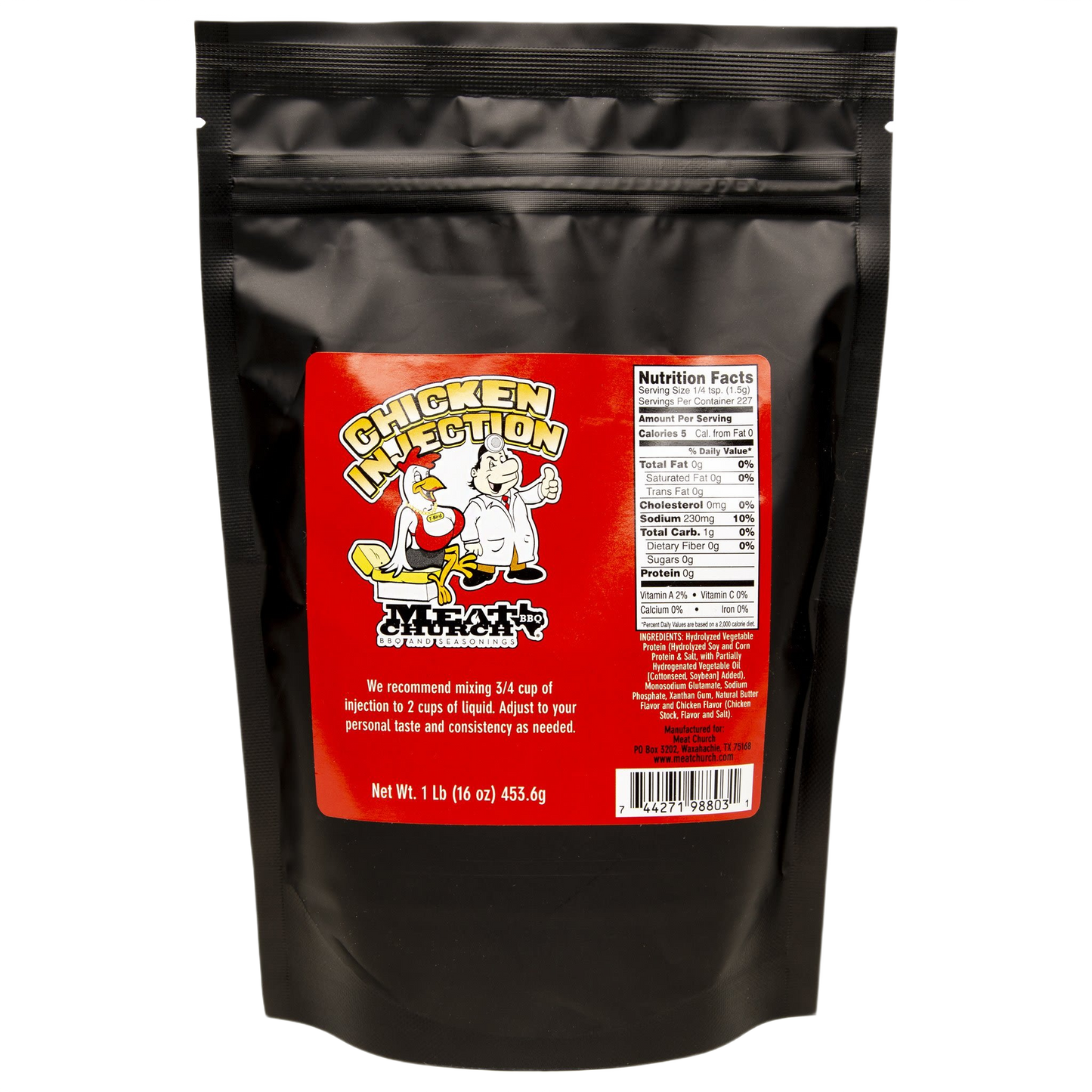 Black resealable pouch of chicken injection seasoning mix for grilling and BBQ sauces and spices collections