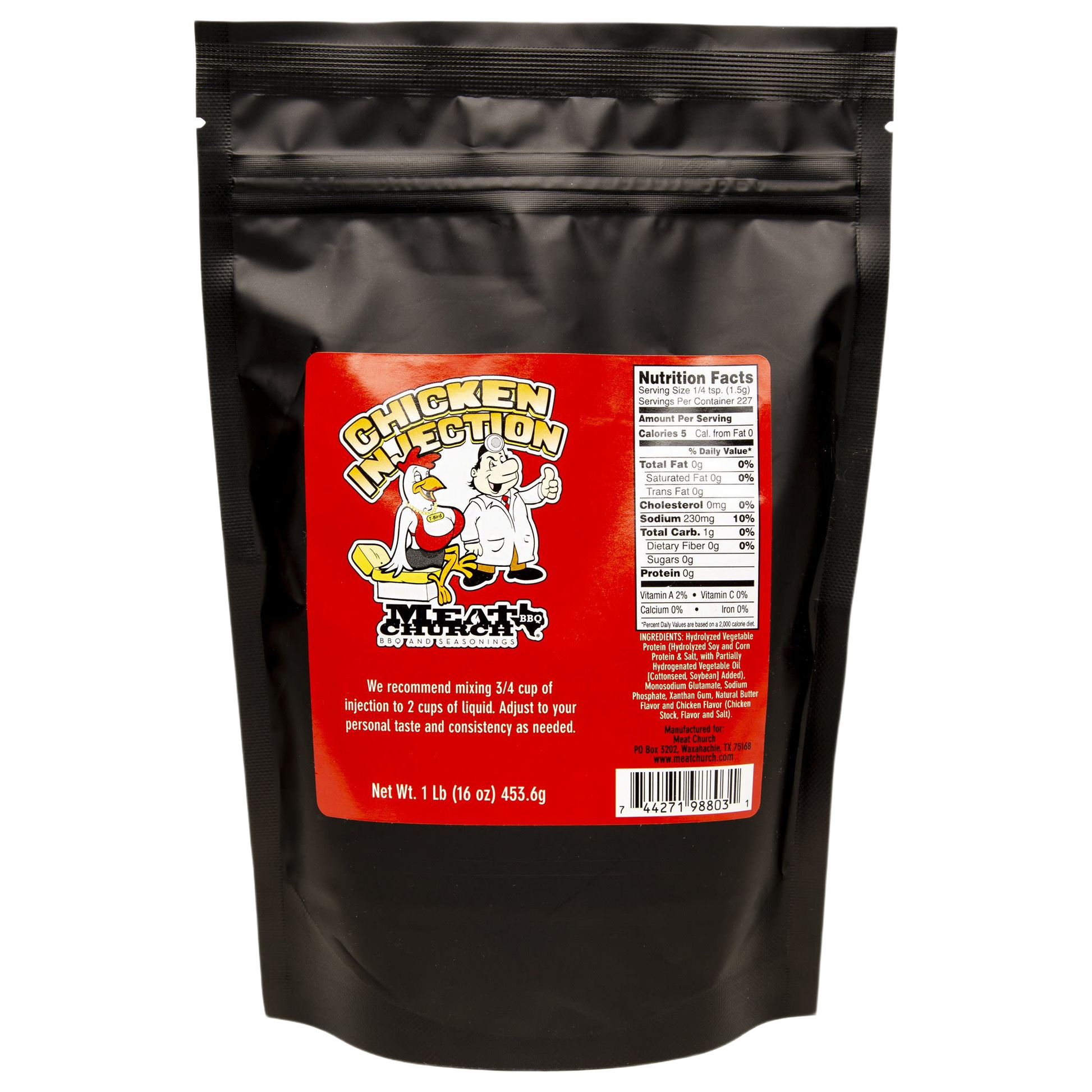Black resealable pouch of chicken injection seasoning mix for grilling and BBQ sauces and spices collections