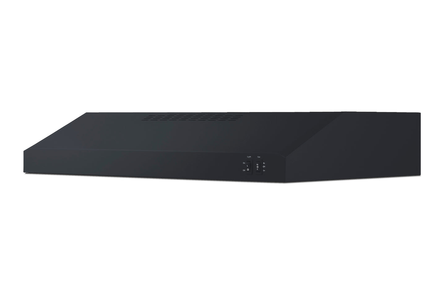 Slim black under cabinet range hood with convertible vent and electronic controls in kitchen appliances collection