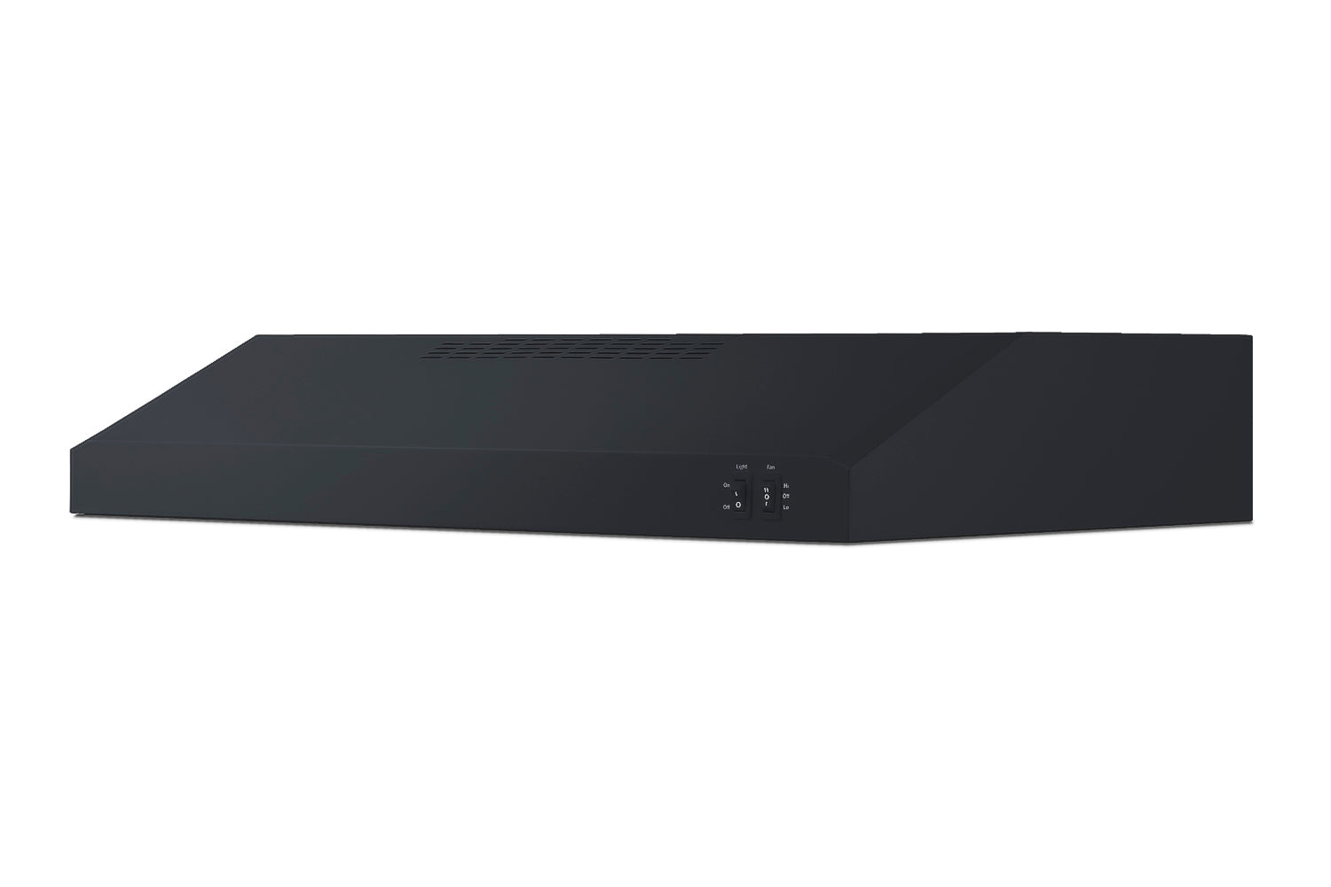 Slim black under cabinet range hood with convertible vent and electronic controls in kitchen appliances collection